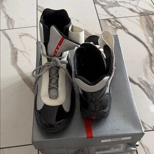 Prada Black, White, and Red High-Top Sneakers